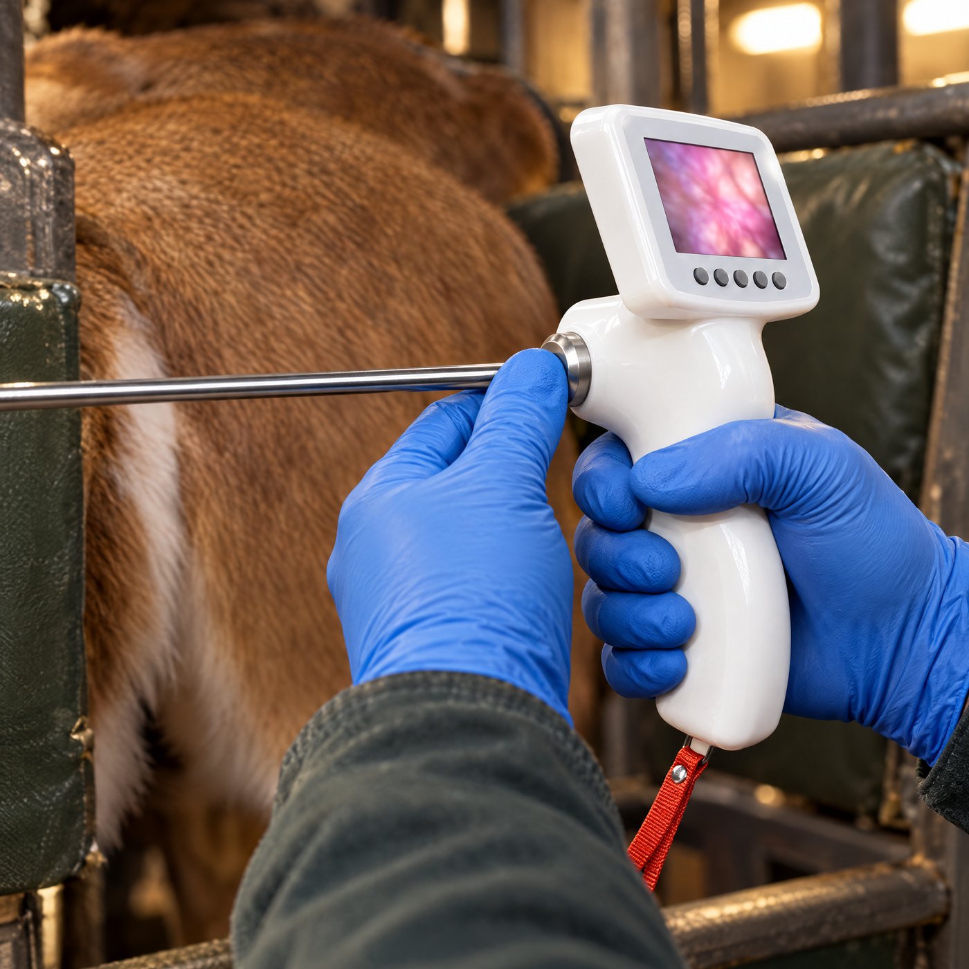 A gloved thumb on the end of the insemination rod at the steel port on the back of the Kiba Scope Deer grip, a doe in the chute behind