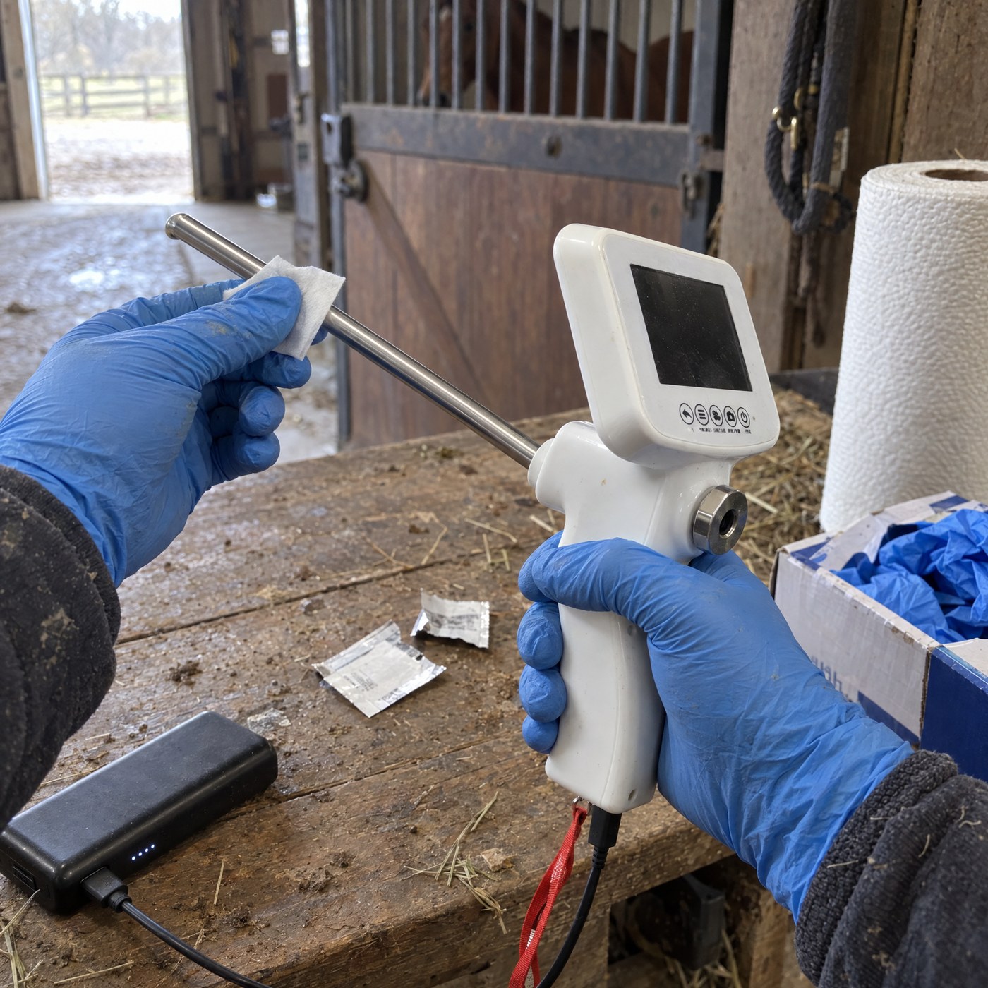 Gloved hands wiping the stainless steel probe of Kiba Scope Equine with an alcohol swab on a barn workbench
