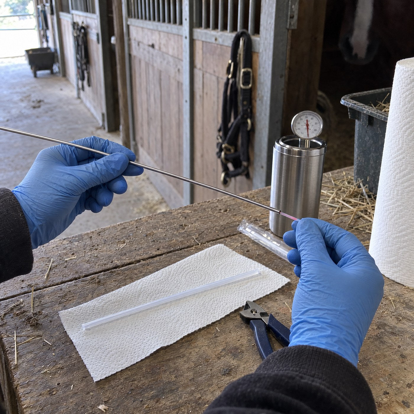 Gloved hands sliding a semen straw into the long steel insemination rod, a fresh sheath and a thaw bath on the bench
