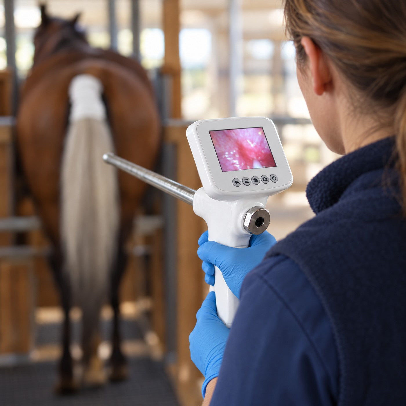Over the shoulder of a breeder watching the screen of Kiba Scope Equine, a bay mare with a tail wrap in stocks ahead