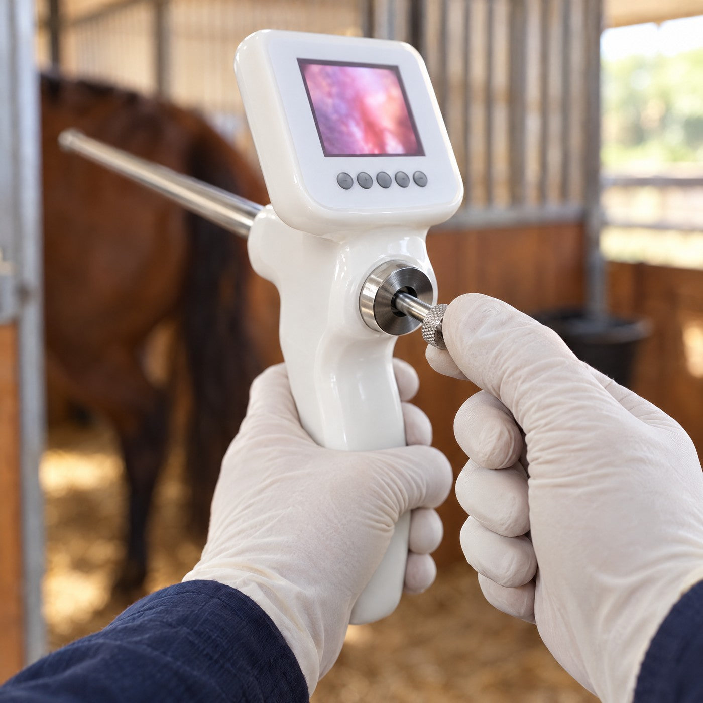 A gloved thumb on the end of the insemination rod at the steel port on the back of the Kiba Scope Equine grip