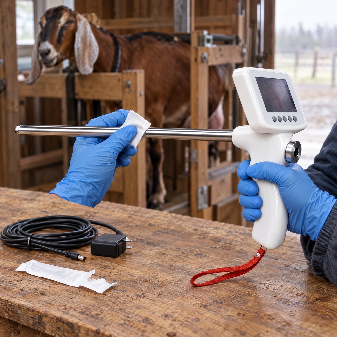 Gloved hands wiping the stainless steel probe of Kiba Scope Goat with an alcohol swab on a barn workbench, a Nubian doe on the milking stand behind
