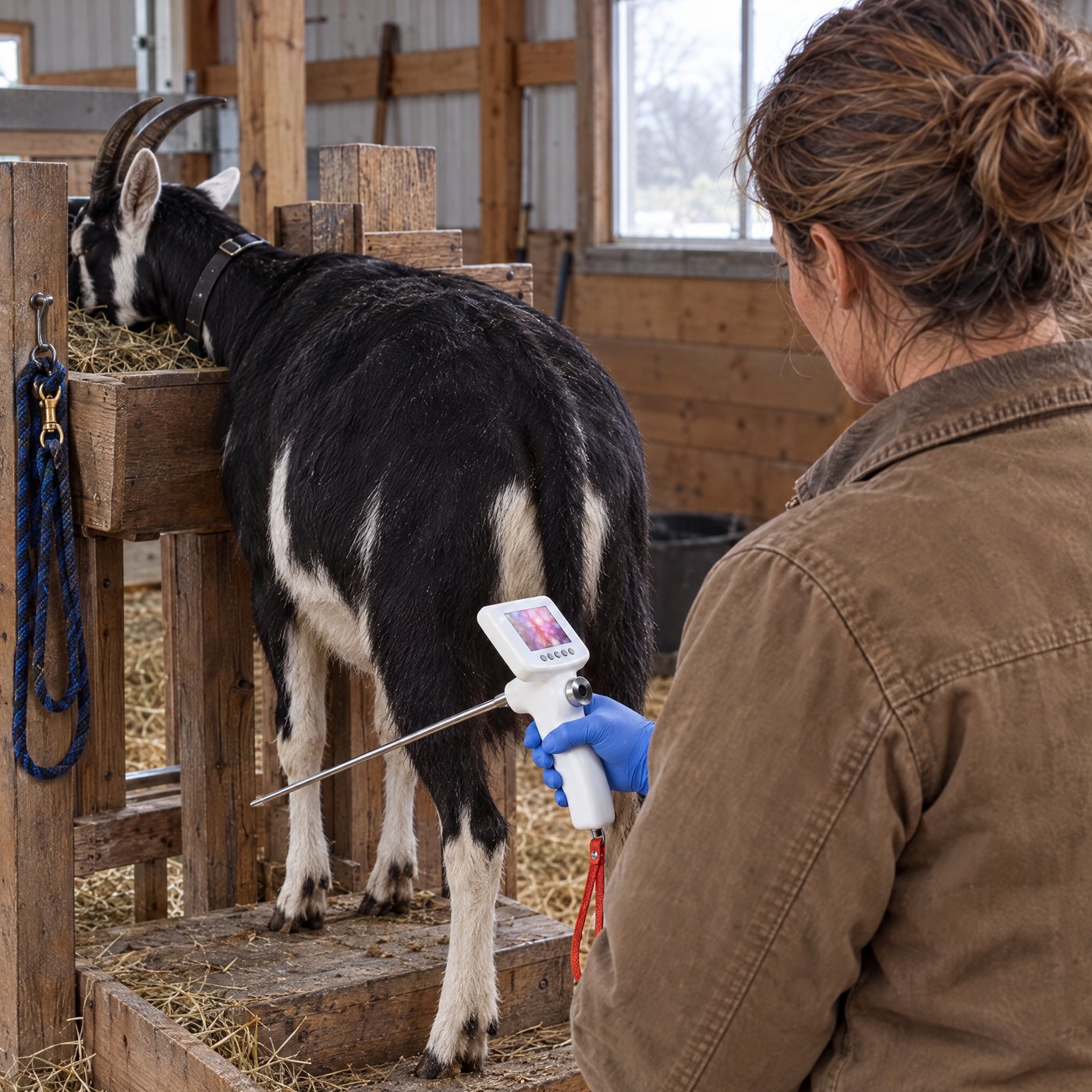 Over the shoulder of a goat breeder watching the screen of Kiba Scope Goat, an Alpine doe on the milking stand ahead