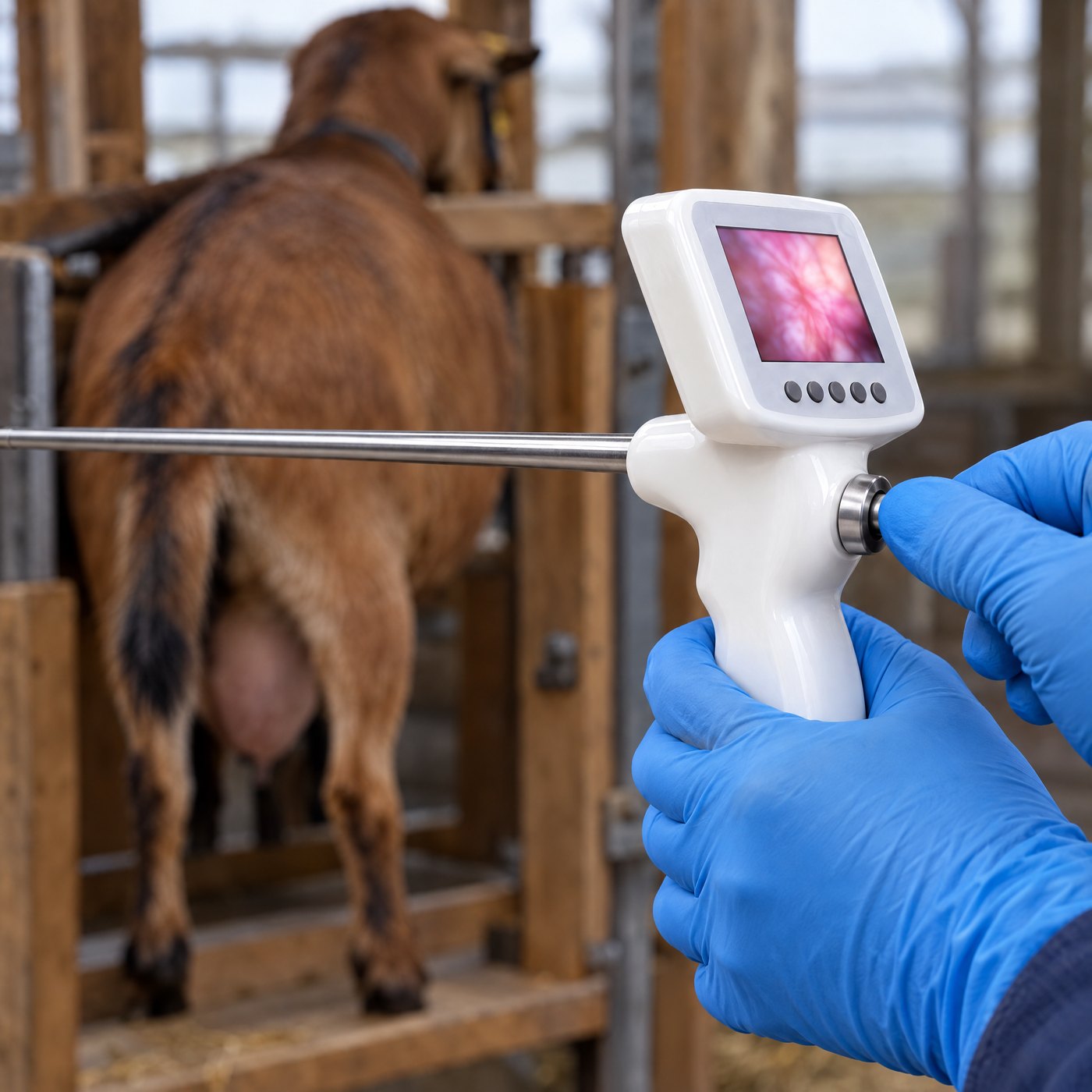 A gloved thumb on the end of the insemination rod at the port on the back of the Kiba Scope Goat grip, a doe on the milking stand behind