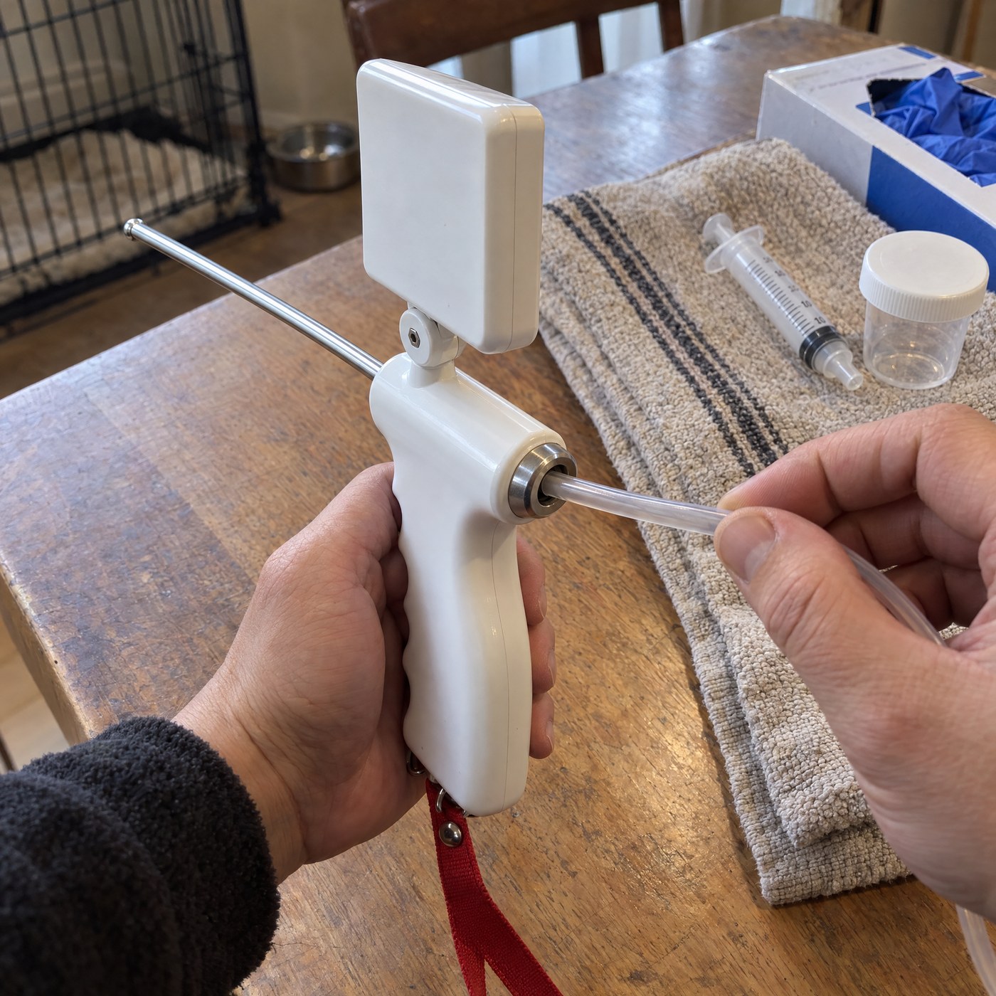 A hand feeding a thin clear tube into the port at the back of the Kiba Scope handle