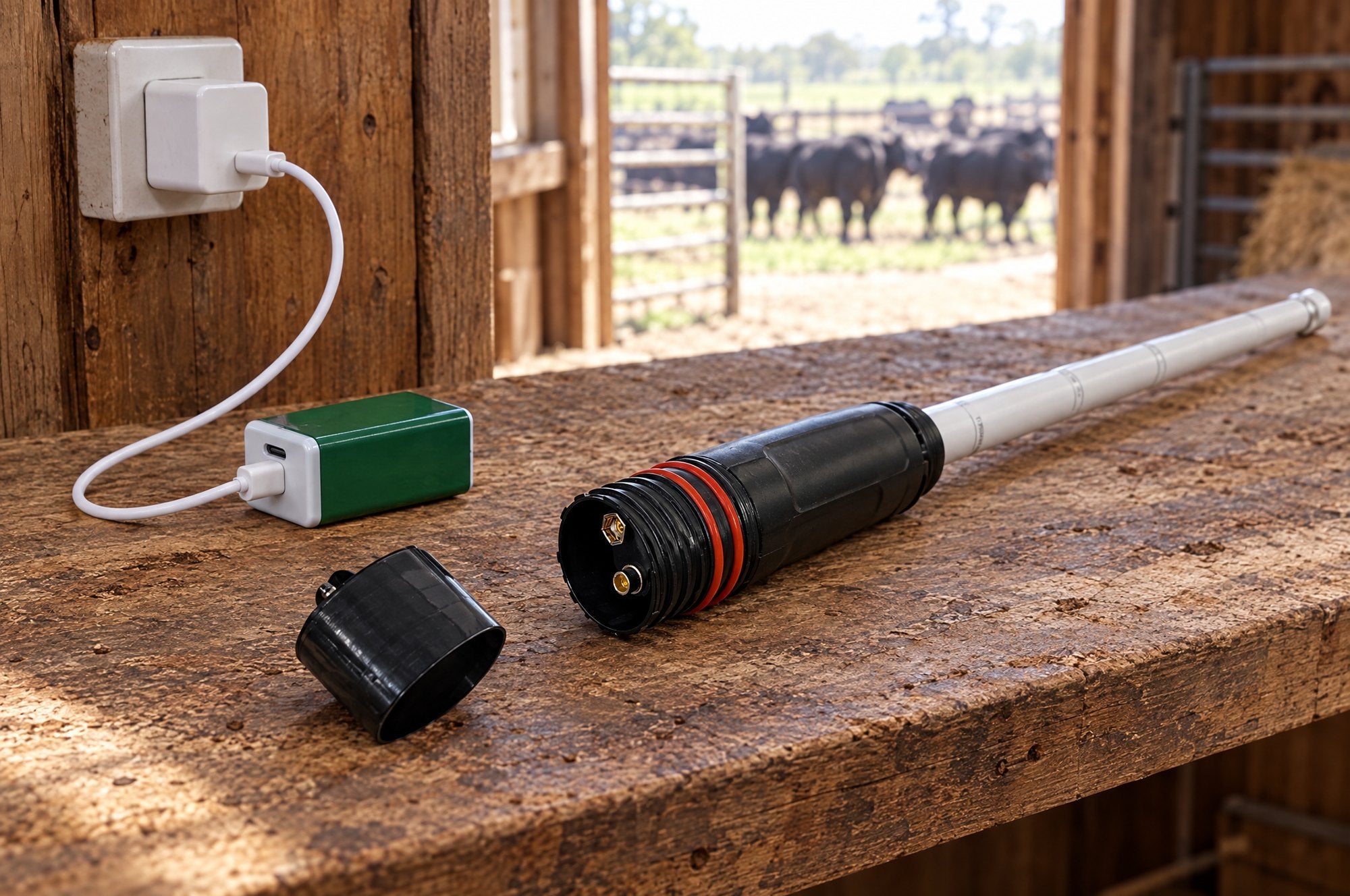 Kiba Season Goat on a barn shelf with its grip cap off and the 9 V battery charging from a phone charger beside it