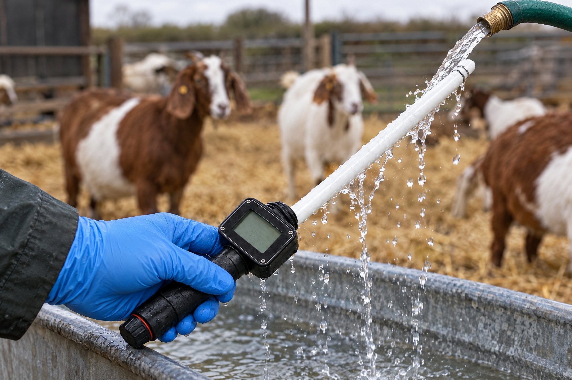 Water from a hose running over the probe of Kiba Season Goat at a steel trough, dairy goats in the pen behind