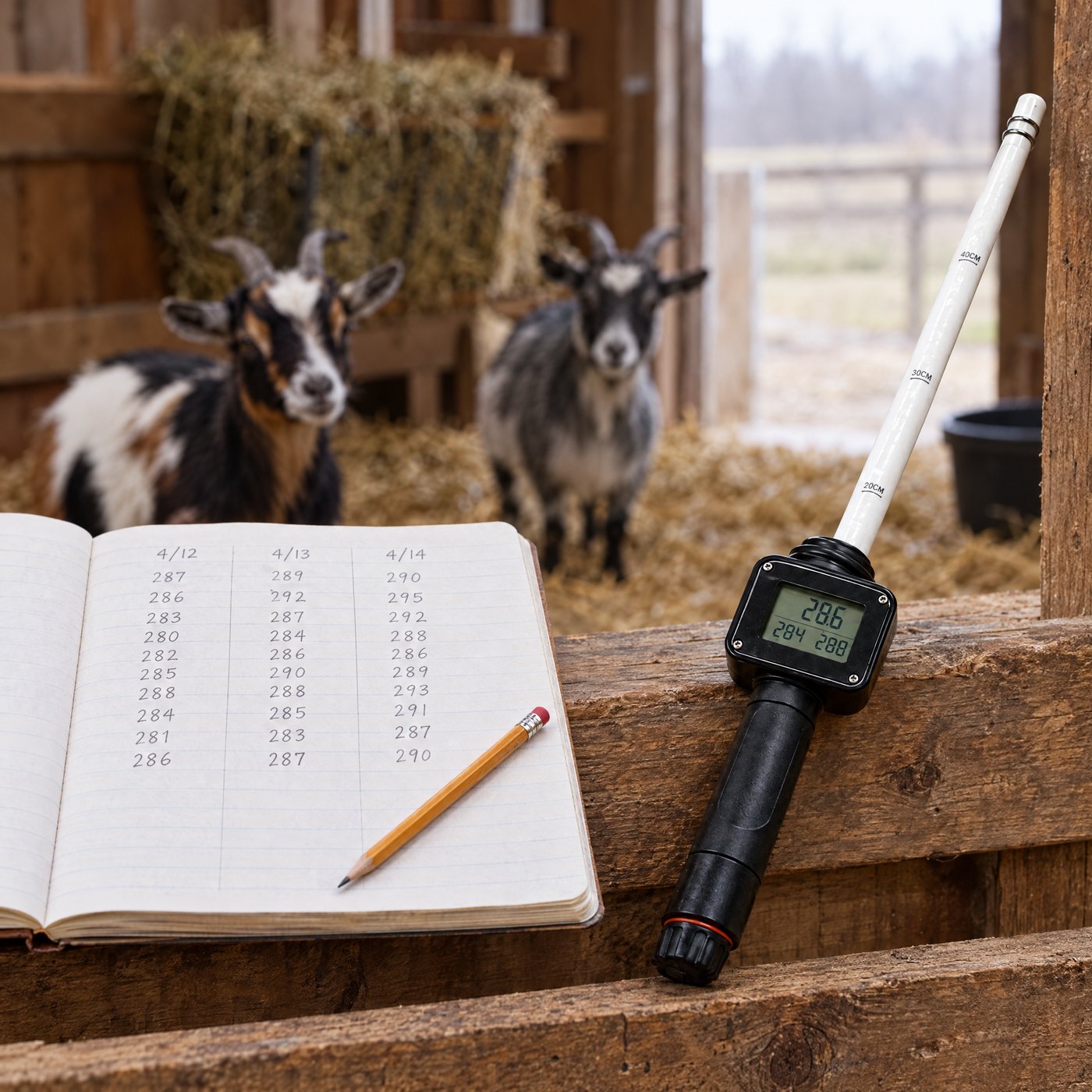 A notebook of dated readings on the rail of a goat pen, Kiba Season Goat leaning beside it, Nigerian Dwarf goats behind