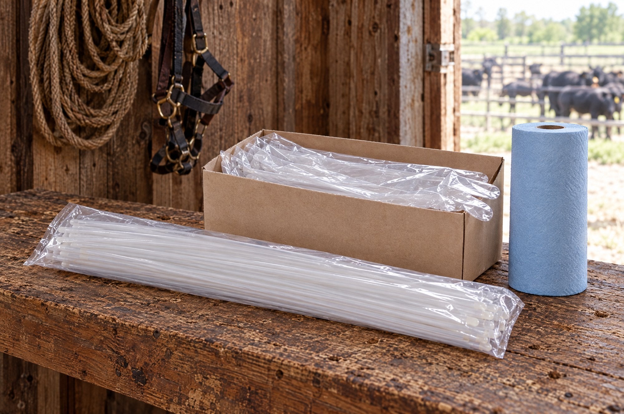 A bag of Kiba Scope Cattle sheaths on a barn shelf, cattle in the paddock outside