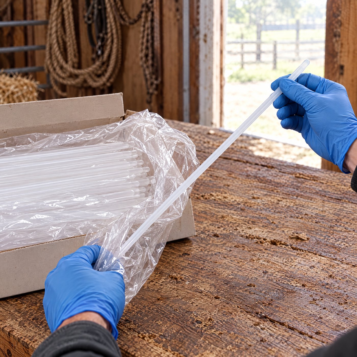 Gloved hands pulling one long sheath out of a bag of Kiba Scope Cattle sheaths on a barn workbench