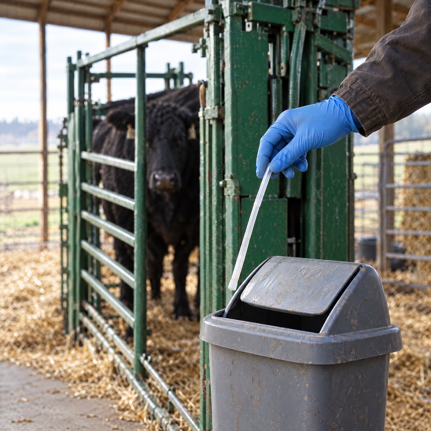 A gloved hand dropping a used sheath into a bin beside a cattle chute