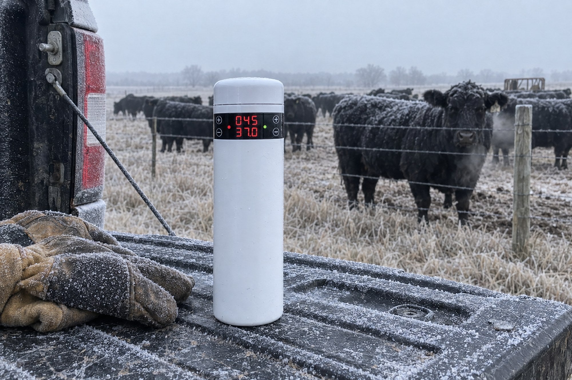 Kiba Thaw on a frosted pickup tailgate on a freezing morning, black cattle with frost on their backs behind