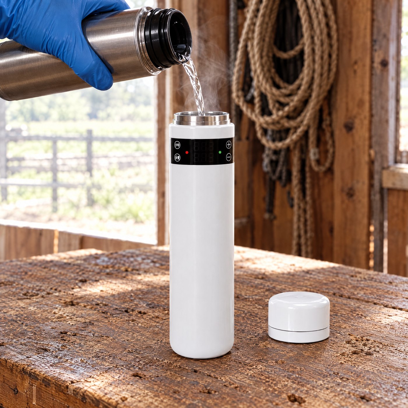 A gloved hand pouring warm water from a steel flask into Kiba Thaw on a barn workbench
