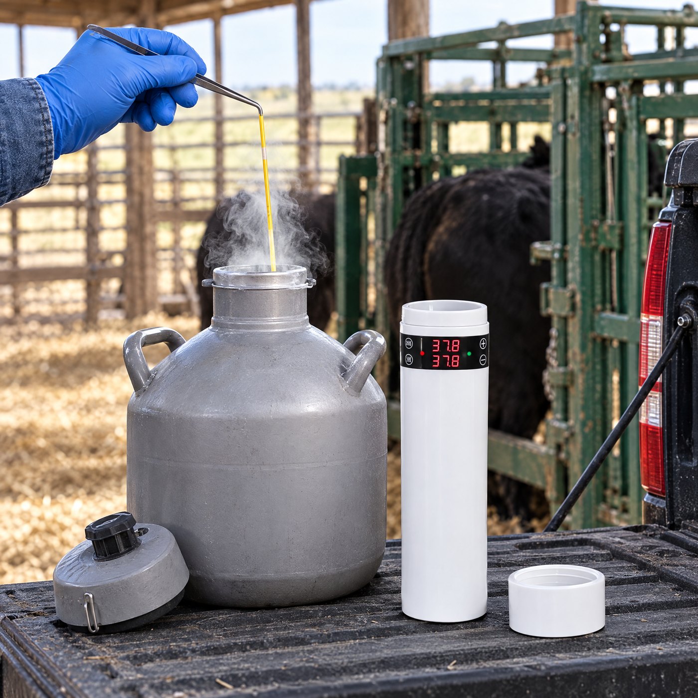 Steel tweezers lifting a yellow semen straw out of a nitrogen tank on a truck tailgate, Kiba Thaw standing beside it