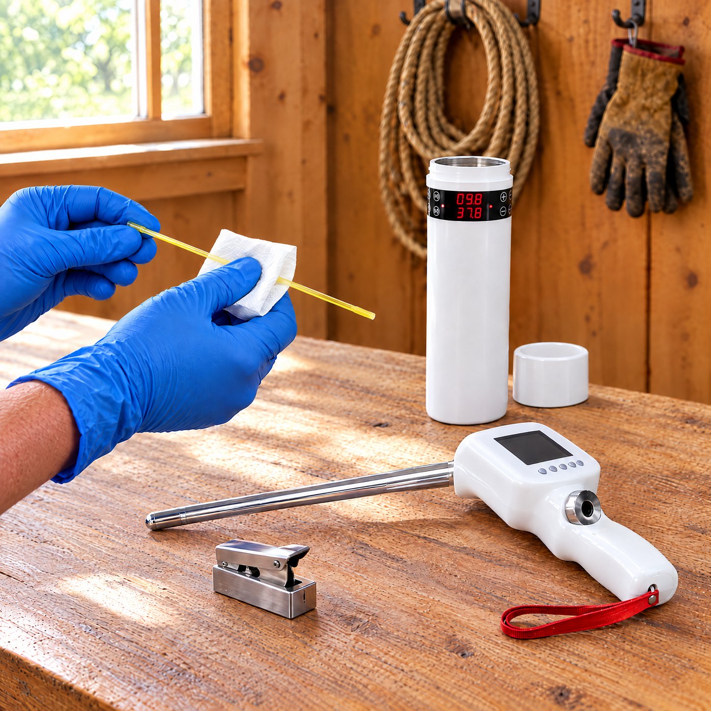 Gloved hands drying a yellow semen straw with a paper towel beside Kiba Thaw, a straw cutter and Kiba Scope Cattle on the bench