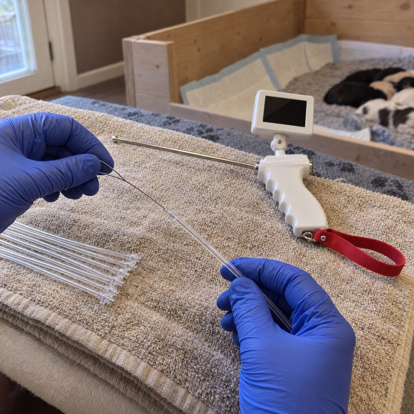 Hands sliding a looped steel guide wire into a clear insemination tube, the Kiba Scope on the table behind