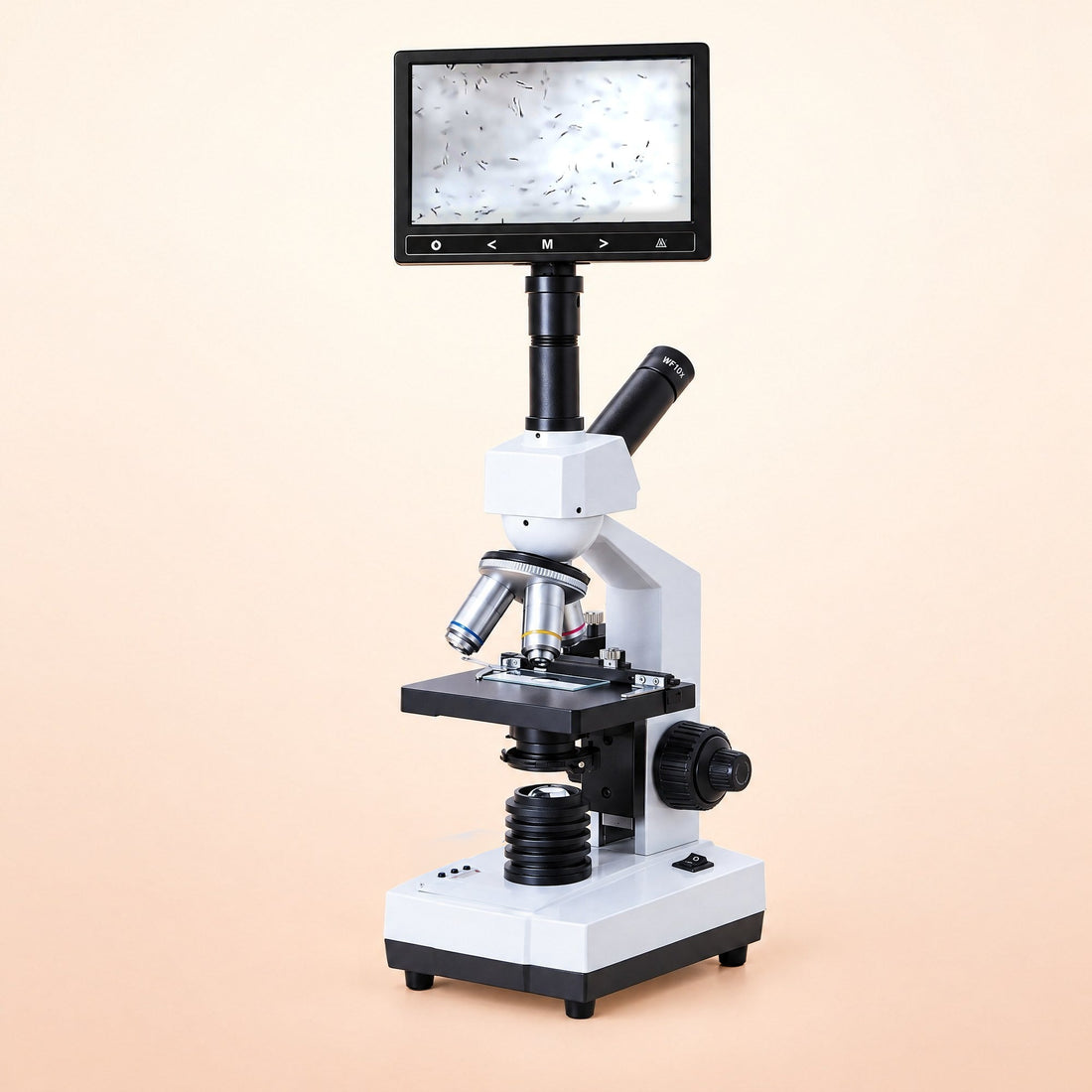 Kiba Lens heated-stage microscope with a 7 inch screen showing sperm cells