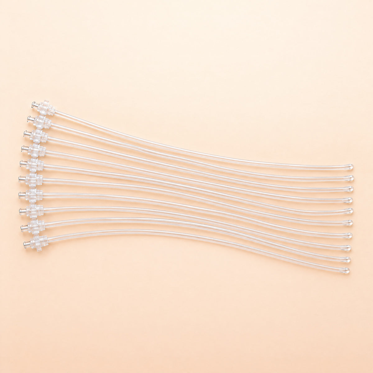 Ten Kiba Scope insemination tubes, 46 cm, each with a clear syringe fitting and a rounded end