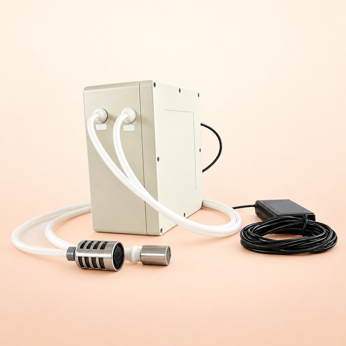 Kiba Cloud microbubble unit with two hoses, stainless steel aerator head, strainer and power adapter