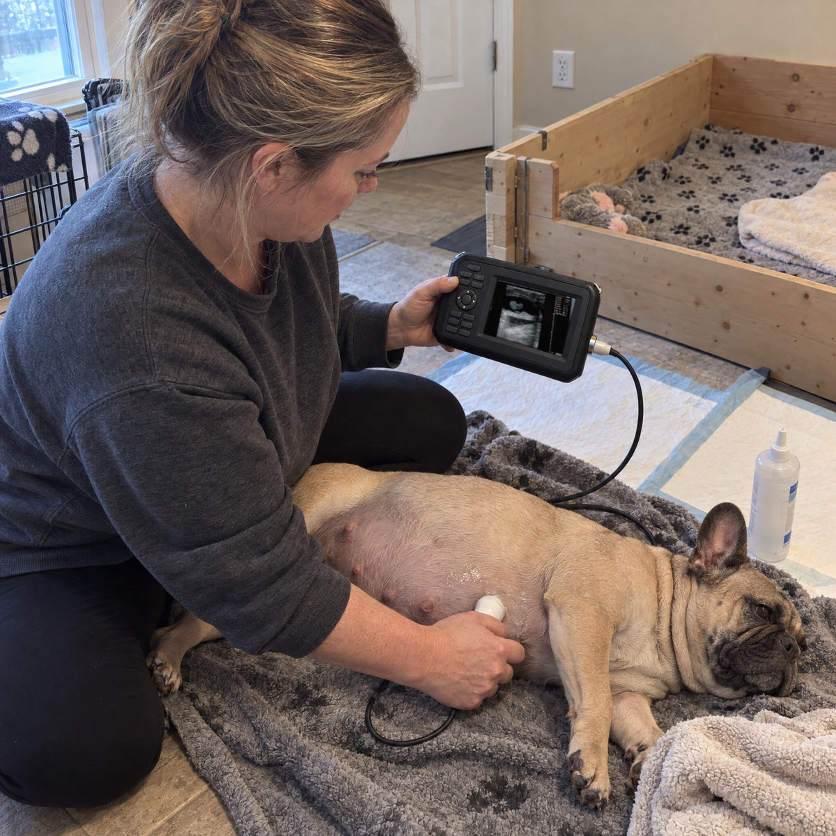 A breeder scanning a pregnant French Bulldog at home with Kiba Echo, the ultrasound picture on the screen