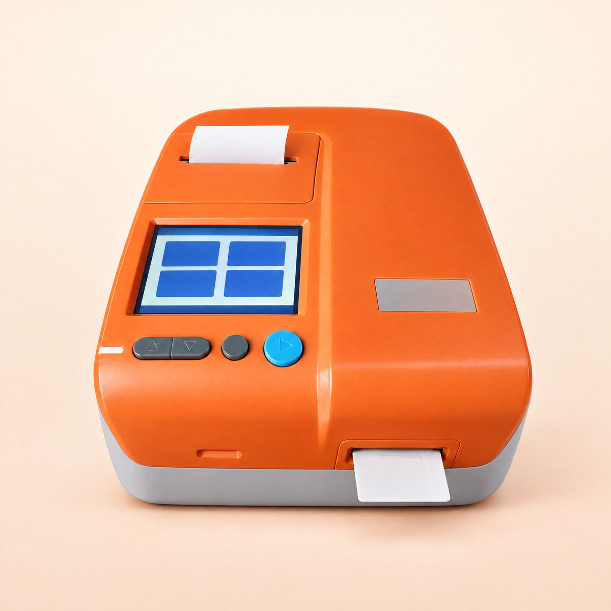 The front of the Kiba Peak reader: colour screen, four keys and the card slot with a test card half inserted