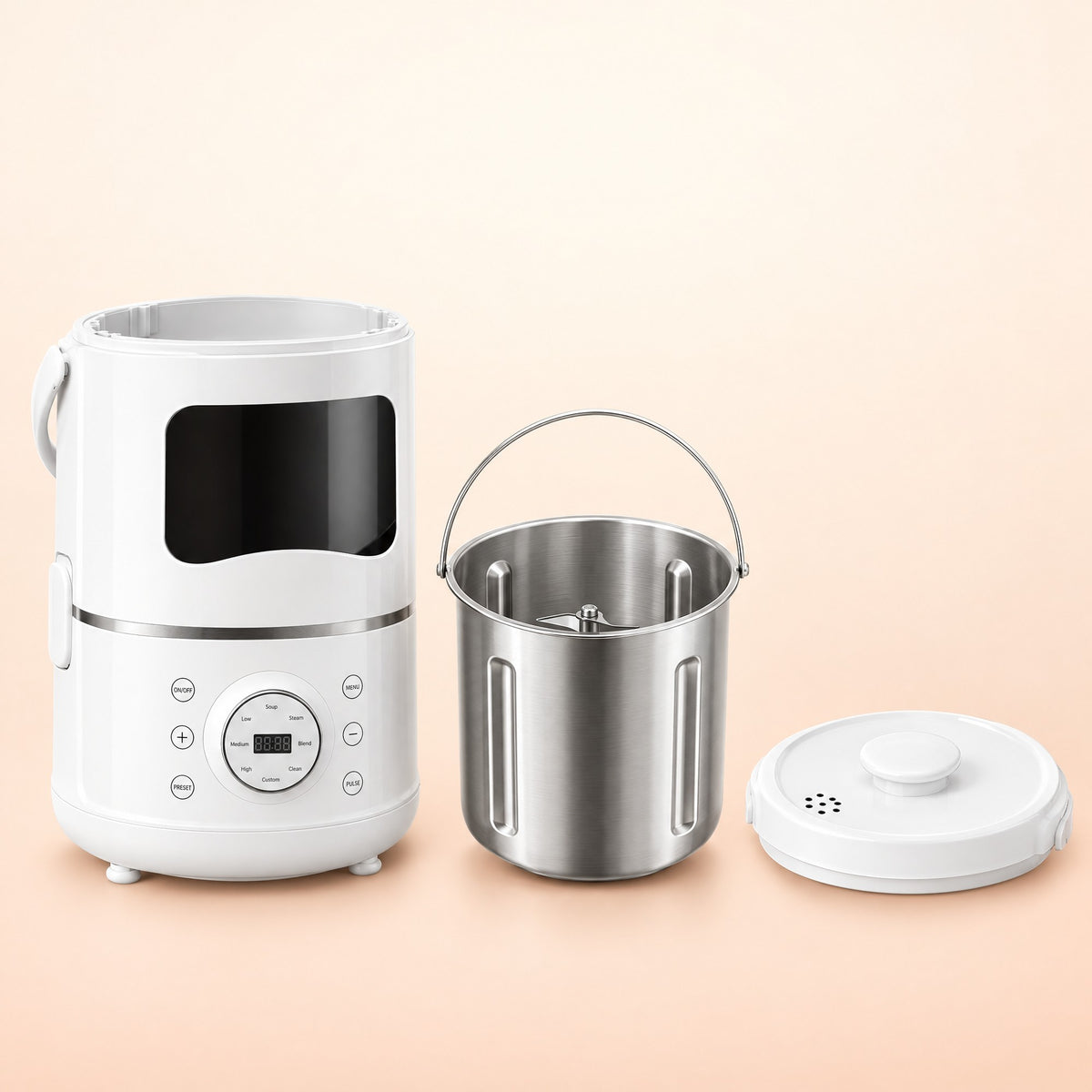 Kiba Kitchen main unit, stainless steel bucket with blade set, and lid