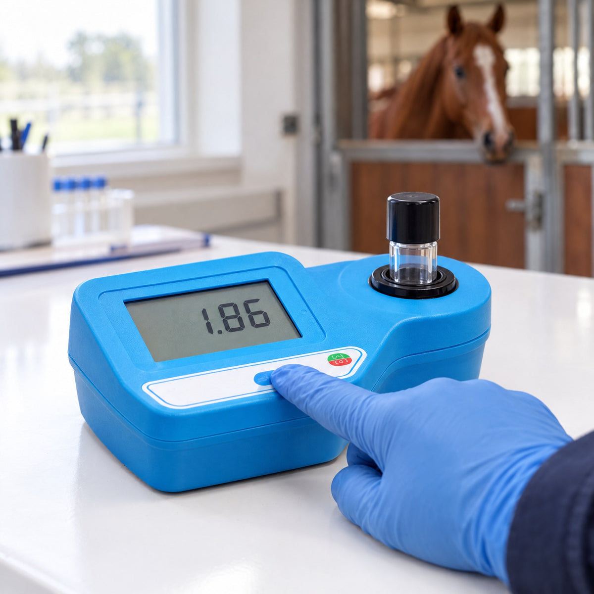 A gloved finger pressing READ on Kiba Density, the screen showing 1.86, a horse looking over a stall door behind