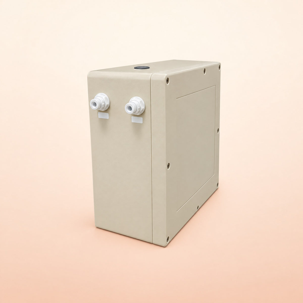 Kiba Cloud microbubble unit, front three-quarter view showing the two hose ports