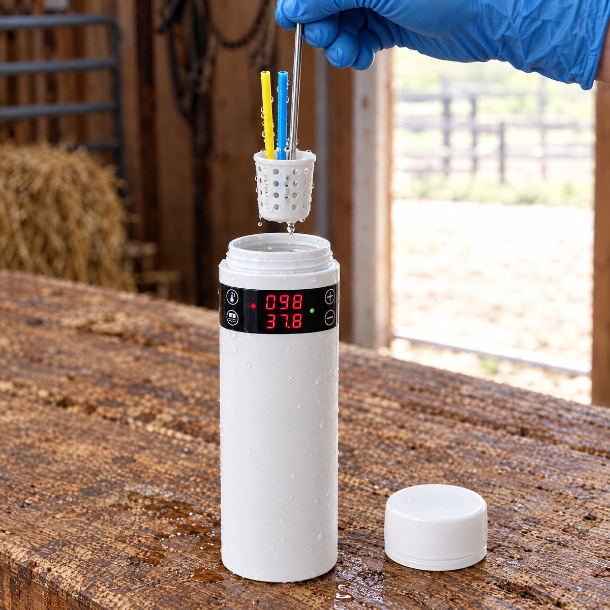 A gloved hand lifting the straw basket out of Kiba Thaw with two semen straws in it
