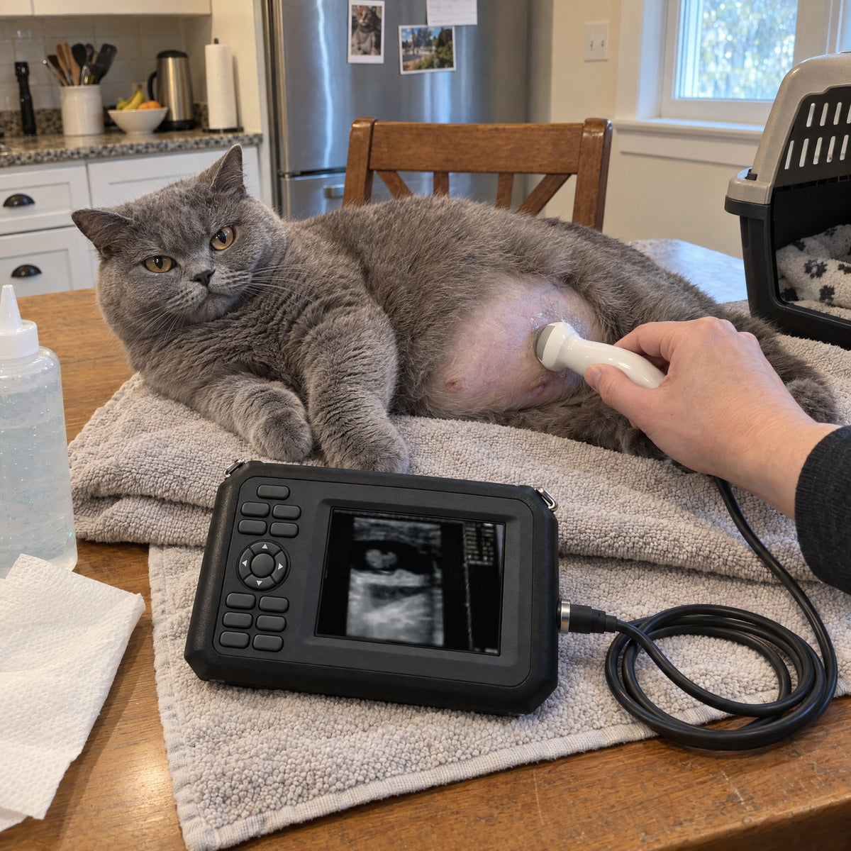 A pregnant British Shorthair cat being scanned with Kiba Echo on a towel at home