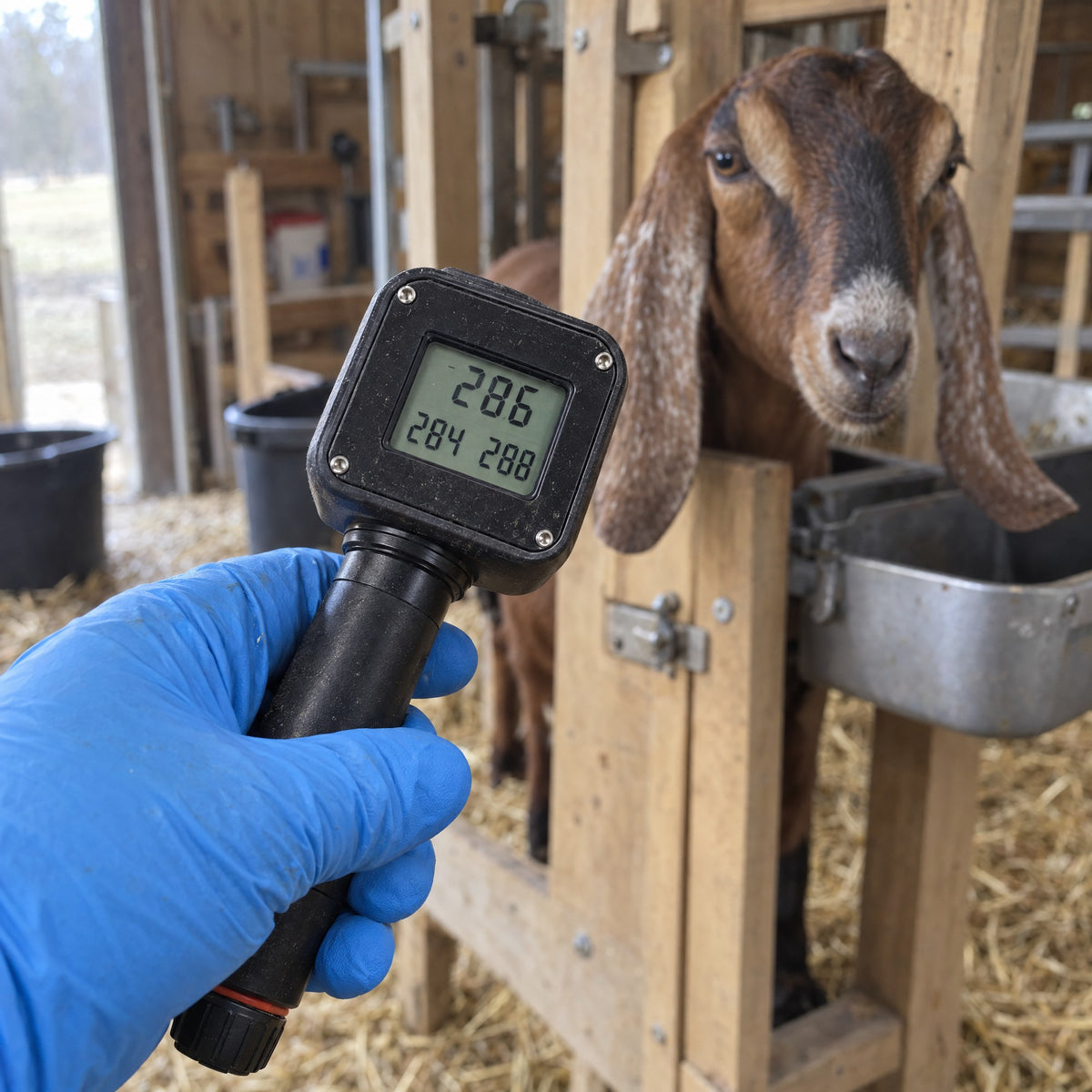 The display of Kiba Season Goat in a gloved hand, showing three readings