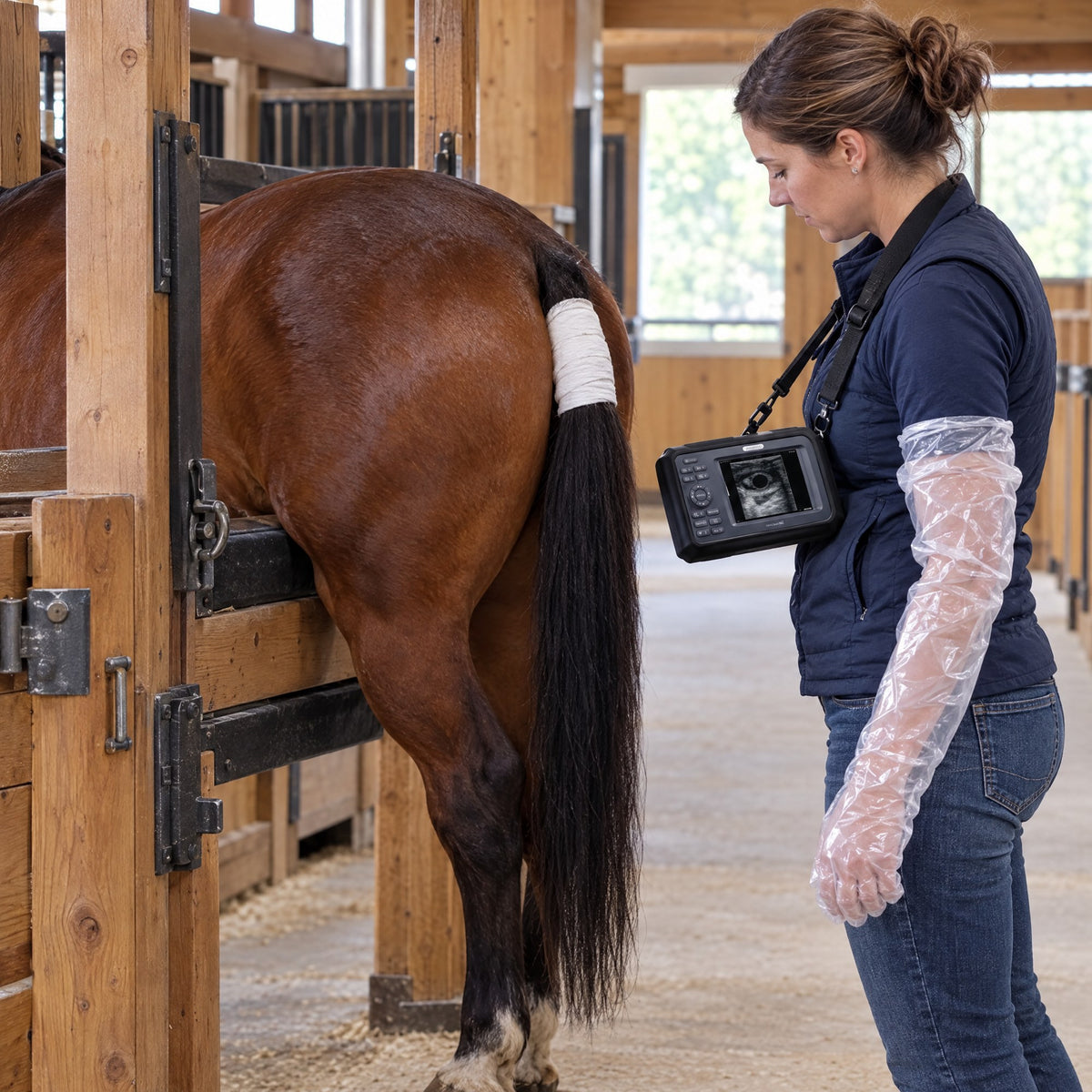 A breeder with Kiba Echo on a chest strap beside a bay mare with a wrapped tail in breeding stocks