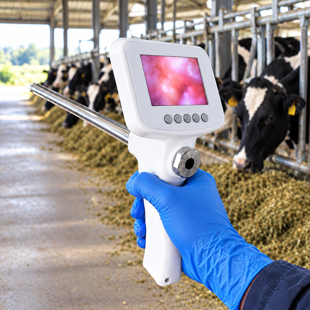 The live view on the screen of Kiba Scope Cattle in the rear alley of a dairy barn, Holstein cows standing at the headlocks ahead