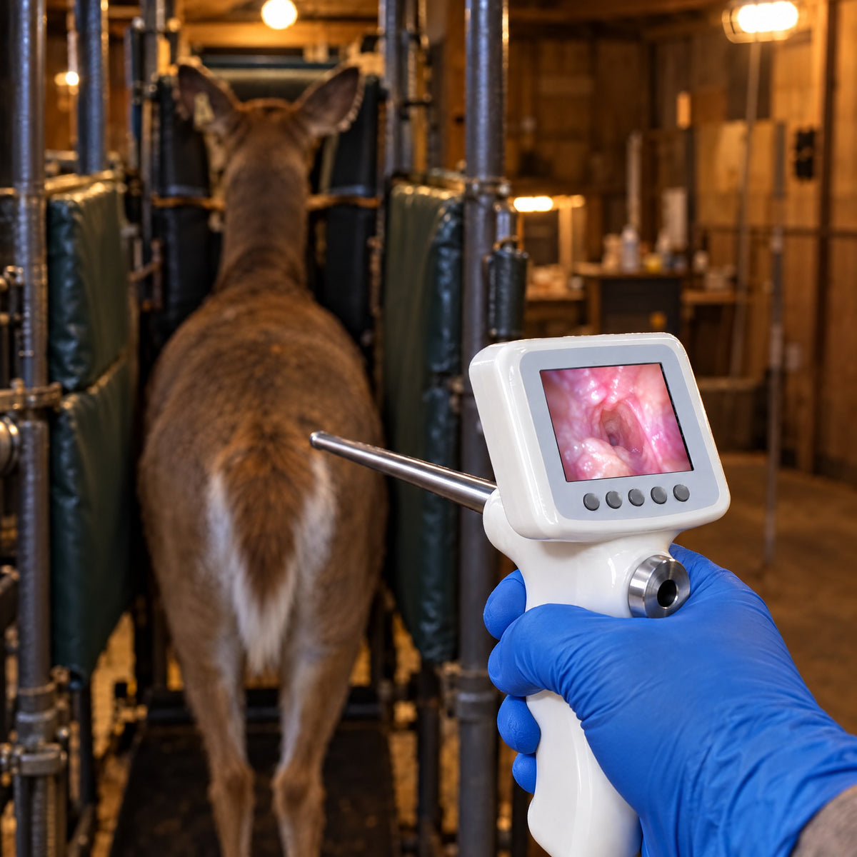 The screen of Kiba Scope Deer held in a gloved hand, a doe in the chute behind