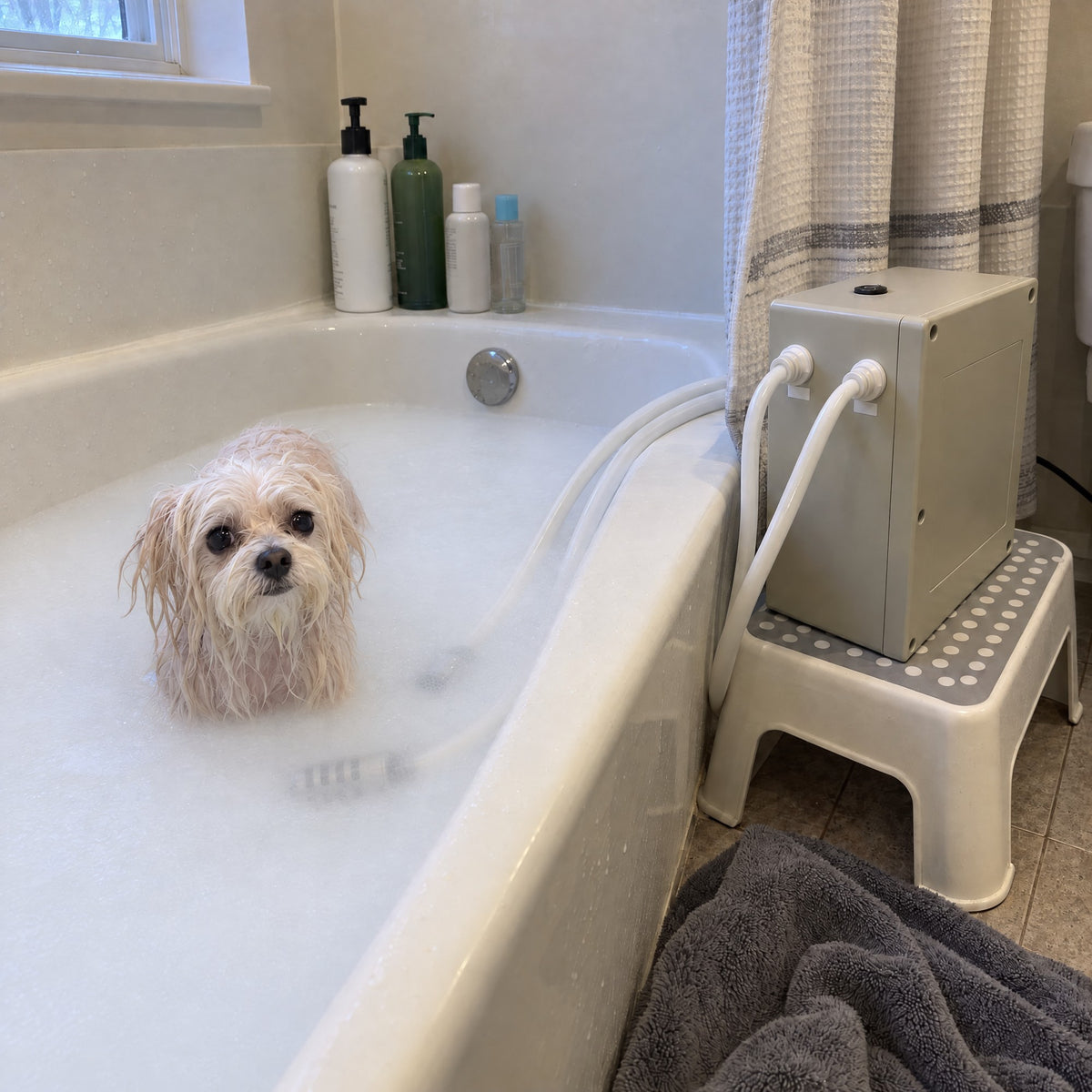 A small white dog sitting in milky white microbubble water with the Kiba Cloud unit beside the tub