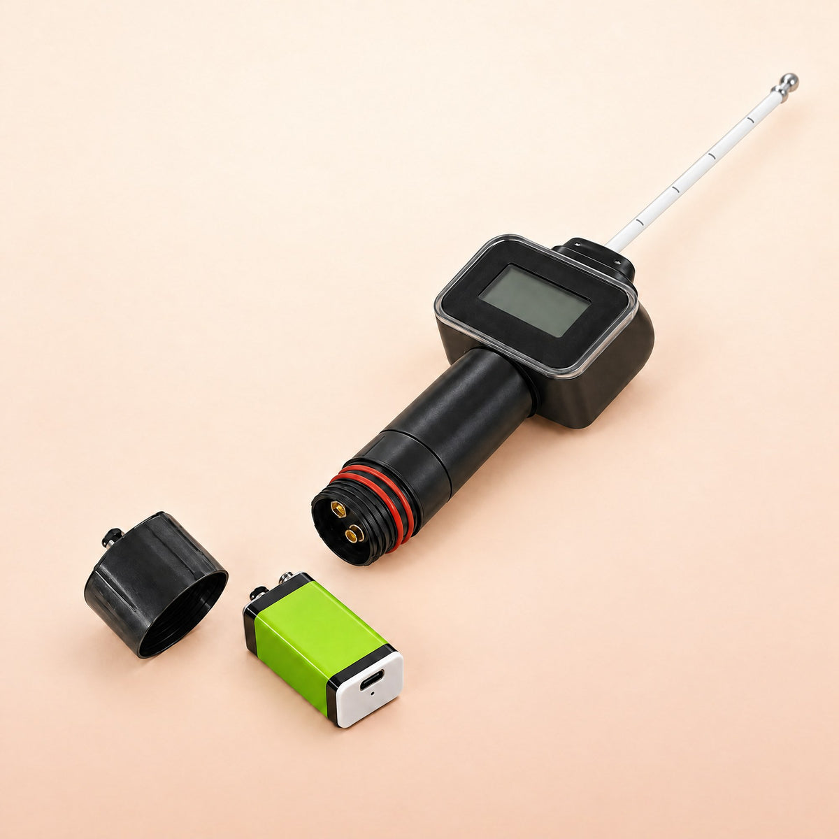 Kiba Season with the end cap off and its USB-C rechargeable 9 V battery
