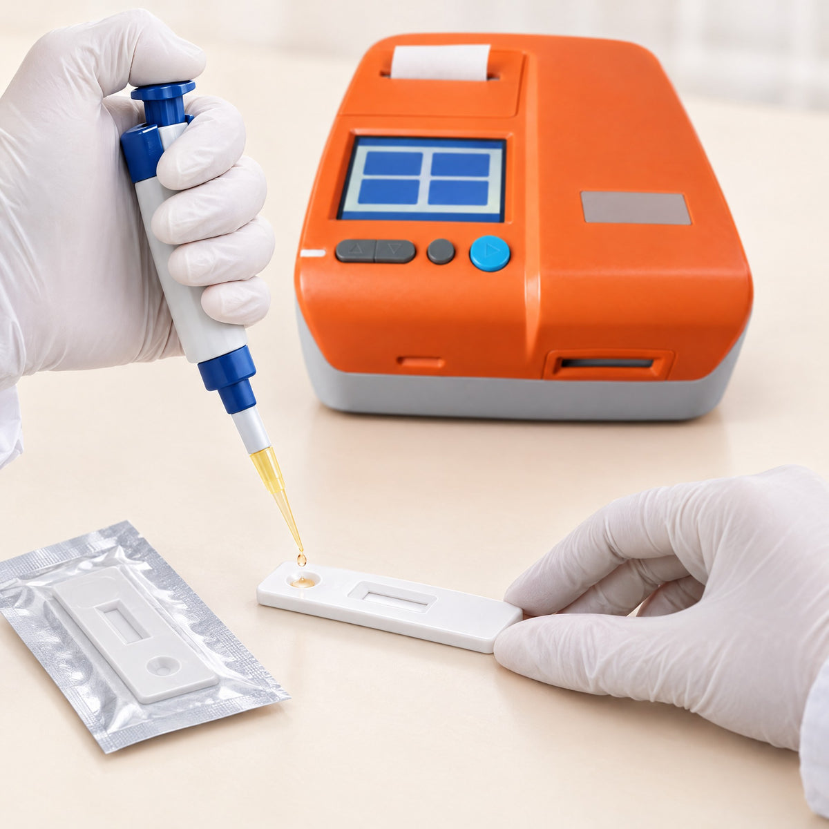 Gloved hands pipetting a drop of pale serum into the well of a Kiba Peak test card beside the reader