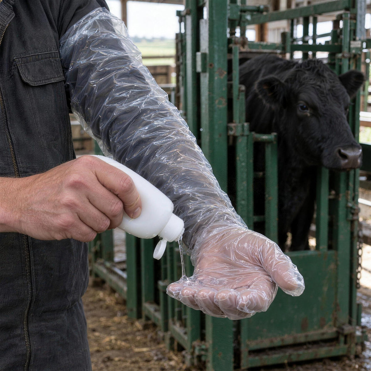 A breeder in a shoulder-length glove squeezing lubricating gel onto the gloved hand beside a cow in the chute