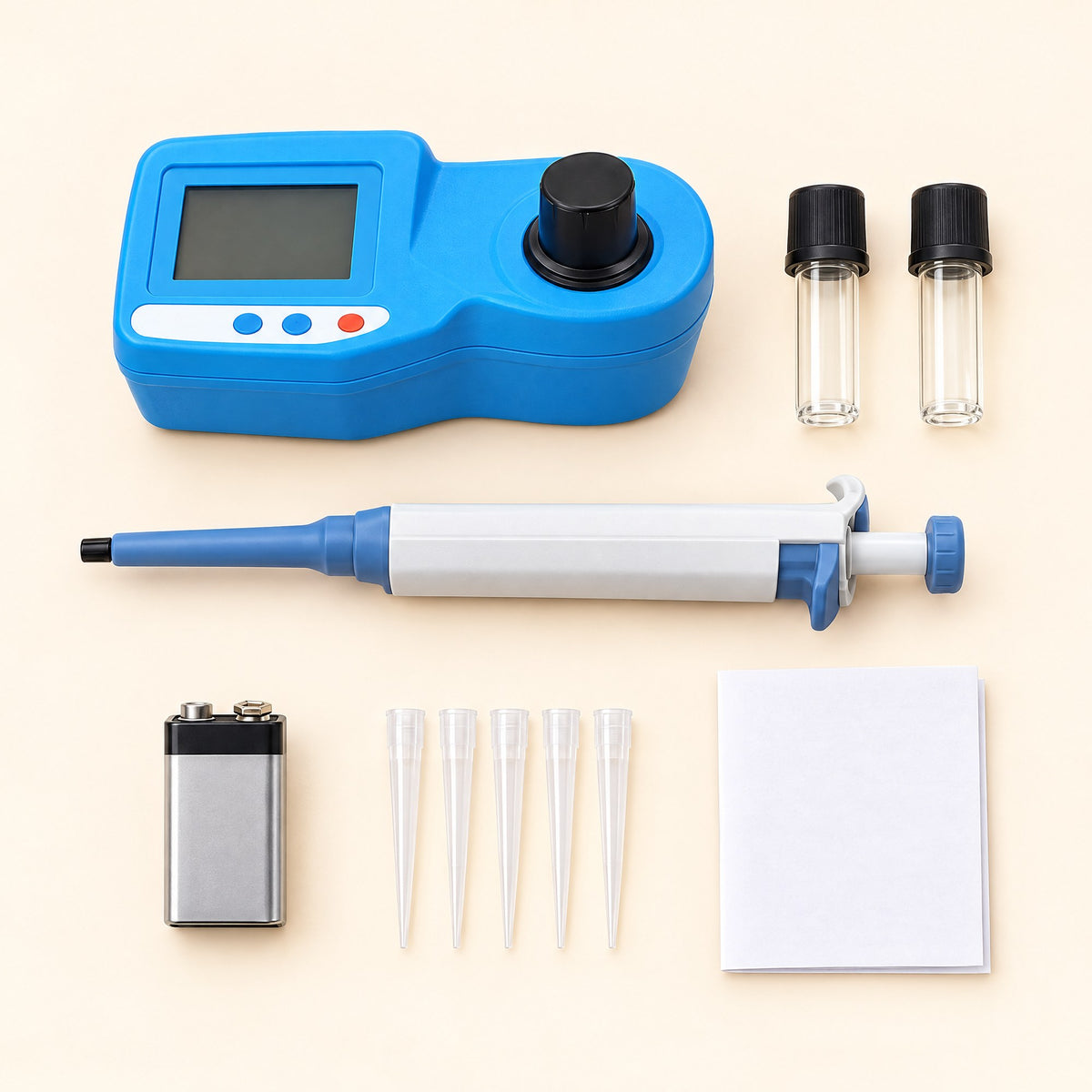 What is in the Kiba Density box: the meter, two 10 ml glass cuvettes, the micropipette and tips, a 9 V battery and the leaflet