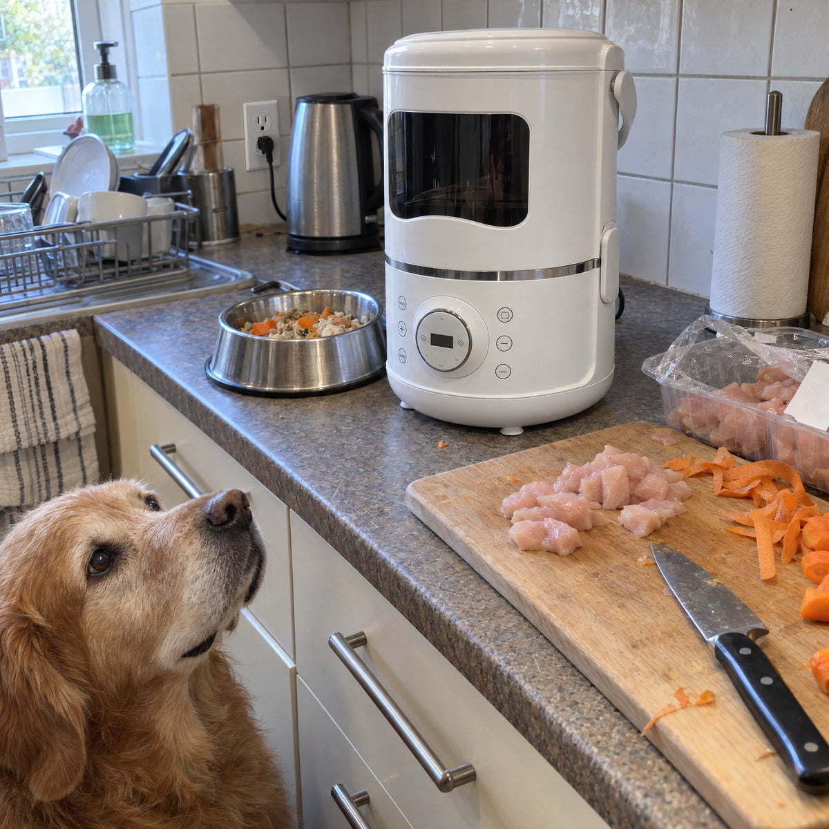 A golden retriever looking up at the worktop where the Kiba Kitchen stands beside diced chicken and a bowl of fresh food