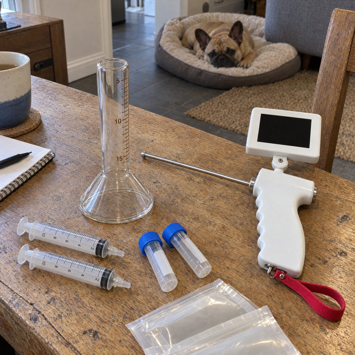 Kiba Collection Cup with the Kiba Scope and collection kit on an oak table