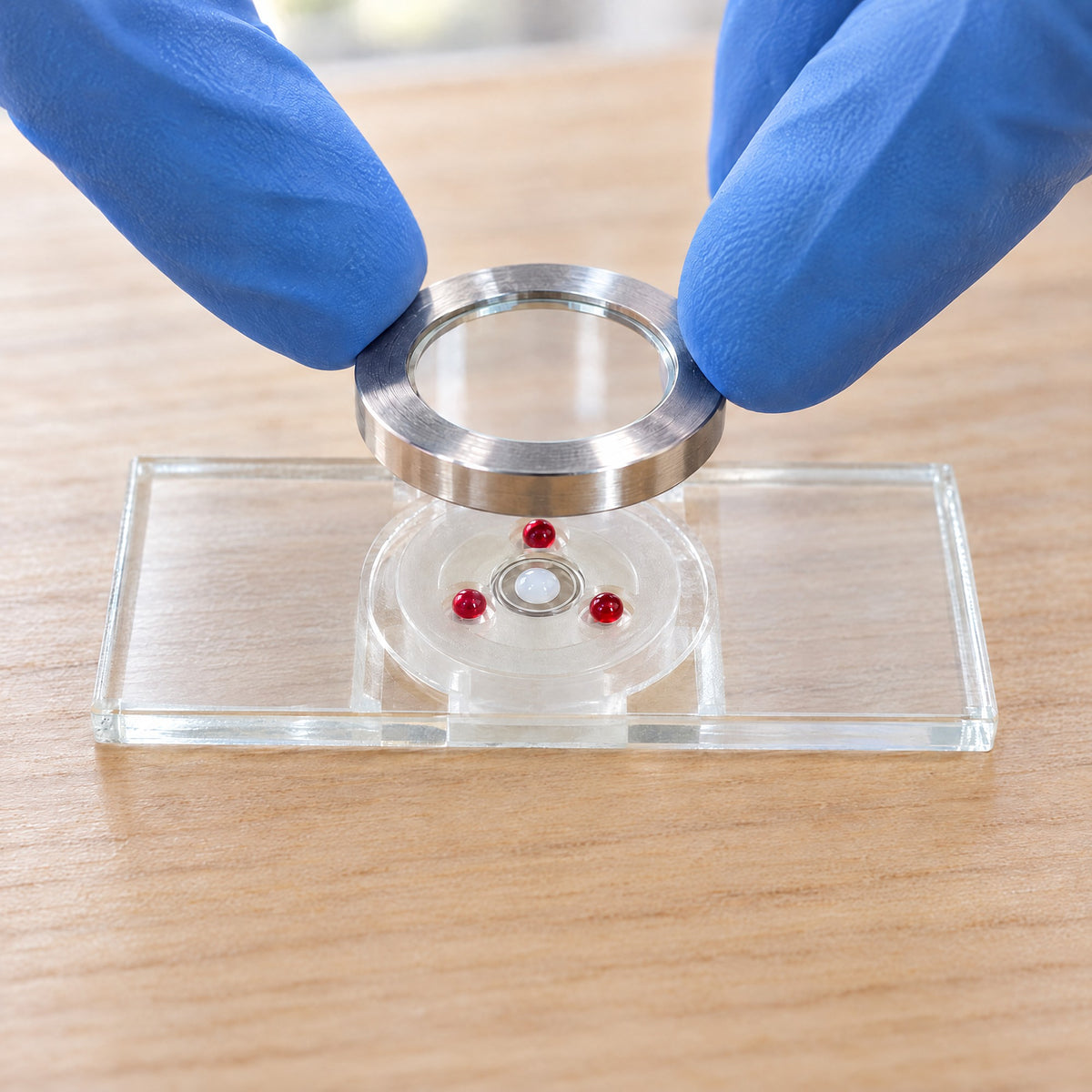 Gloved fingertips lowering the cover ring of Kiba Count onto the ruby spacers