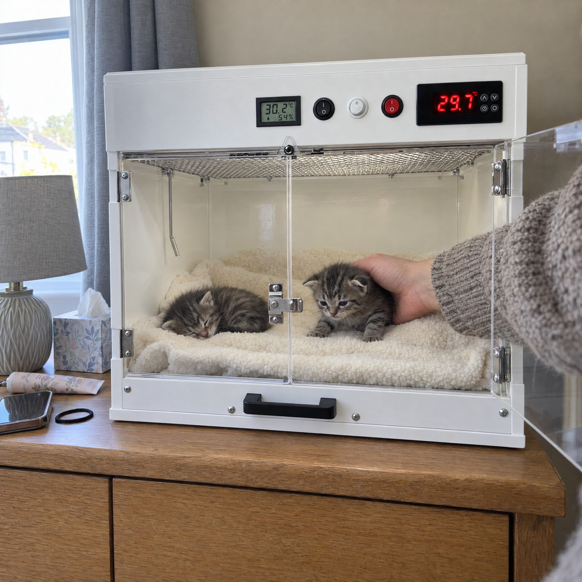 A hand settling a kitten onto the fleece inside a Kiba Nest