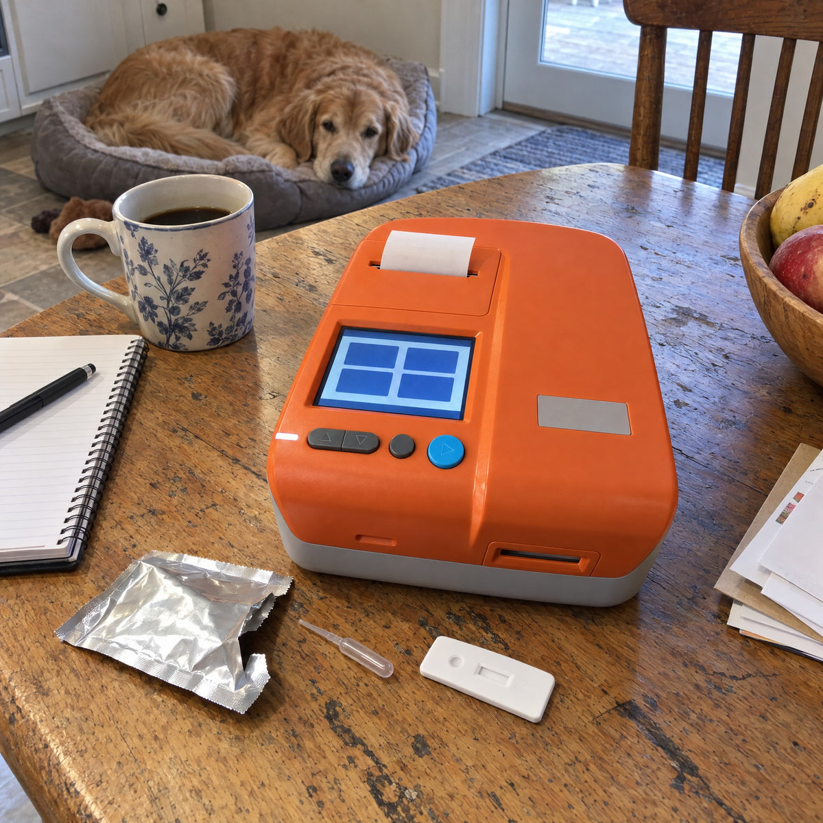 Kiba Peak on an oak kitchen table with a golden retriever resting on the floor behind it