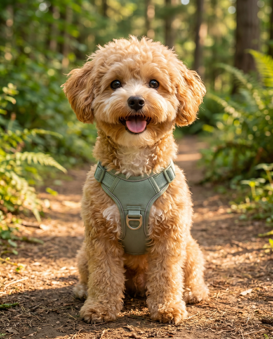 Kiba wearing the No-Pull Adjustable Dog Harness on an adventure trail