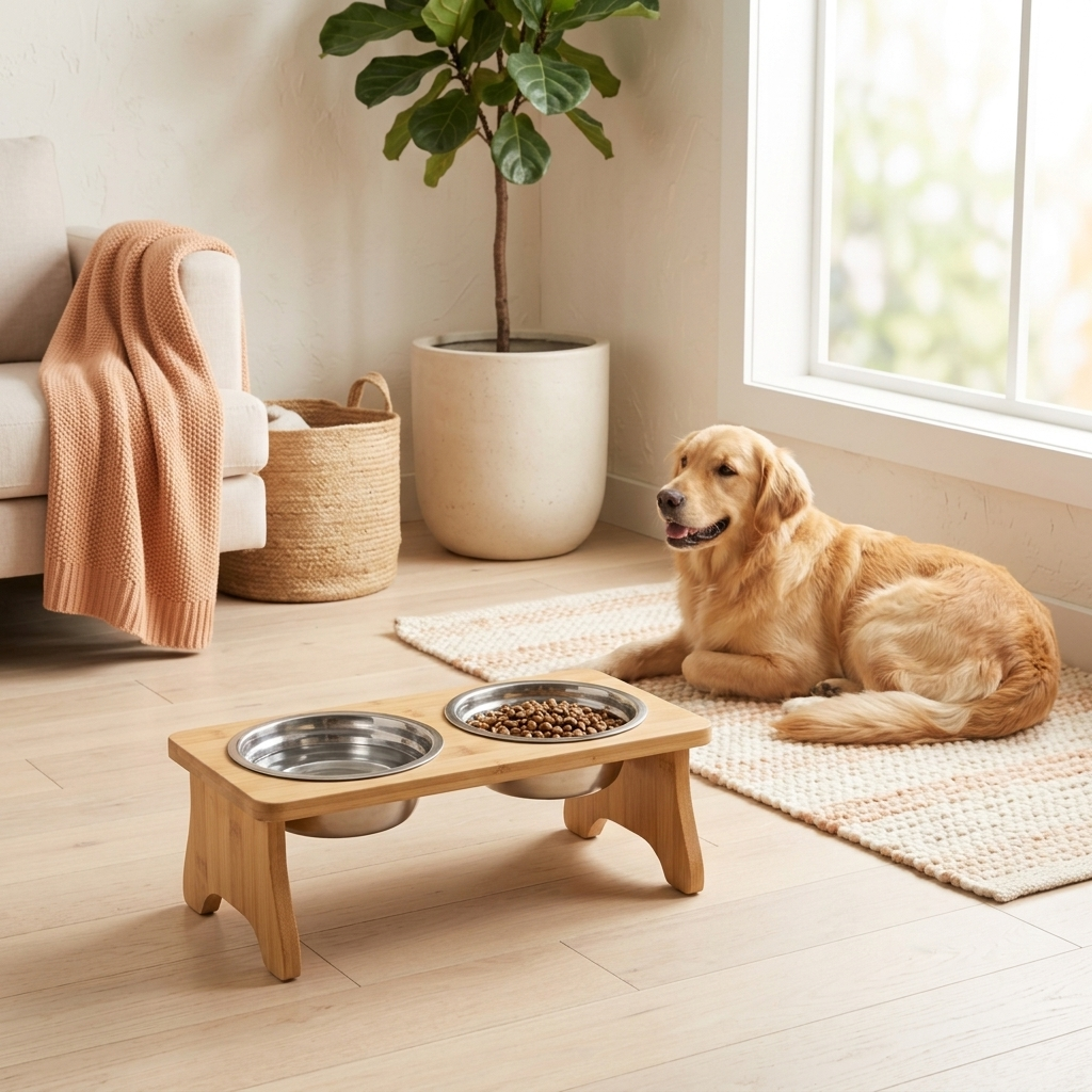 Elevated Bamboo Pet Bowl Stand in use