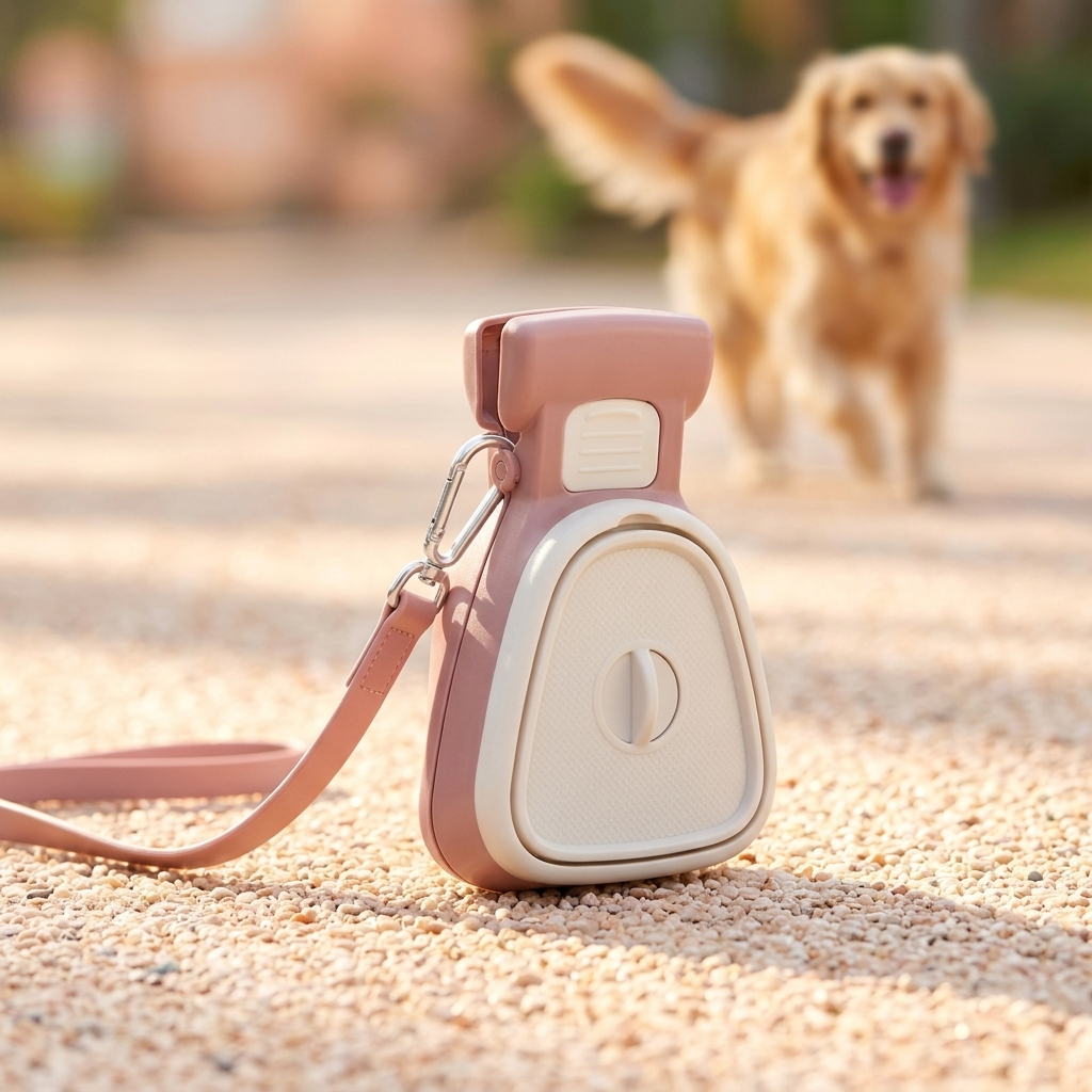 Poop scooper clipped to leash on a walk