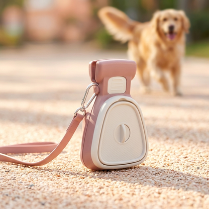 Poop scooper clipped to leash on a walk