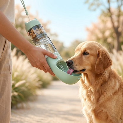 Dog drinking from the fold-out bowl on a walk