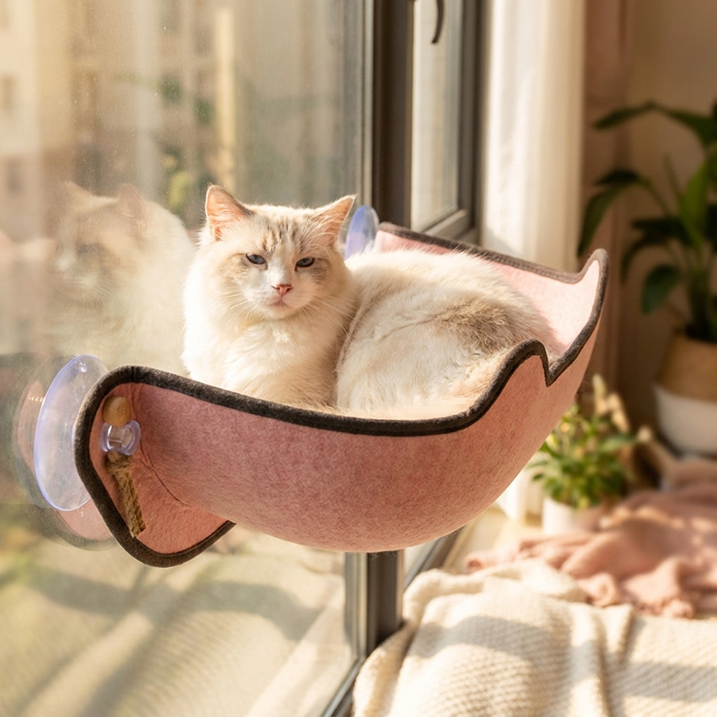 Cat relaxing in Lotus Pink window perch